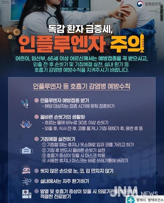 평택시, 인플루엔자 유행 확산... 생활 속 예방수칙 강조