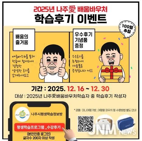 나주시가 ‘2025년 나주애(愛)배움바우처’ 사업을 마무리하고 설문조사와 학습후기 이벤트를 오는 30일까지 진행한다.