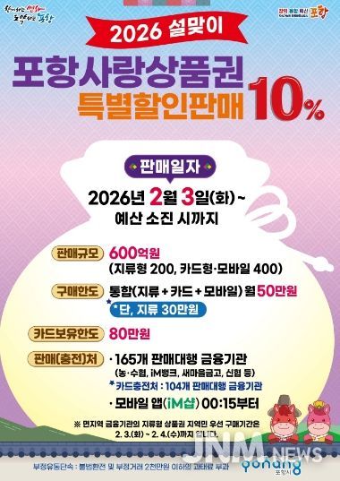 2026 설맞이 포항사랑상품권 10% 특별할인판매 포스터.
