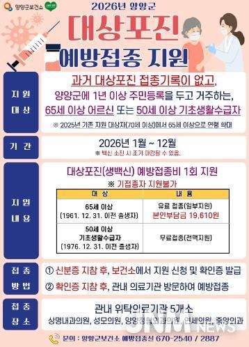 양양군, 대상포진 예방접종 지원 연령 65세로 확대
