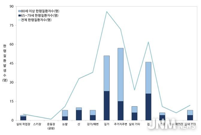 연령별(65세 이상, 80세 이상) 한랭질환자의 장소별 발생현황